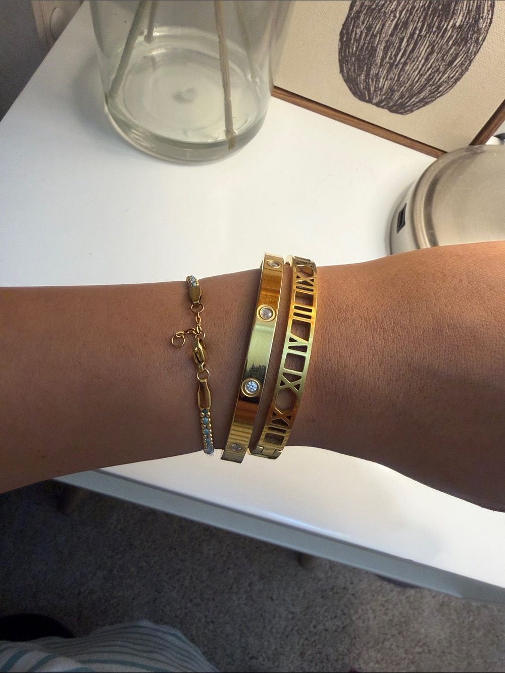 Gold Roman Numeral and Crystal Accent Bangle Bracelets